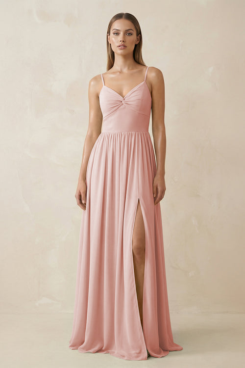 Rose Petal Spaghetti Strap Pleated A-Line Chiffon Bridesmaid Dress | KISSBRIDAL