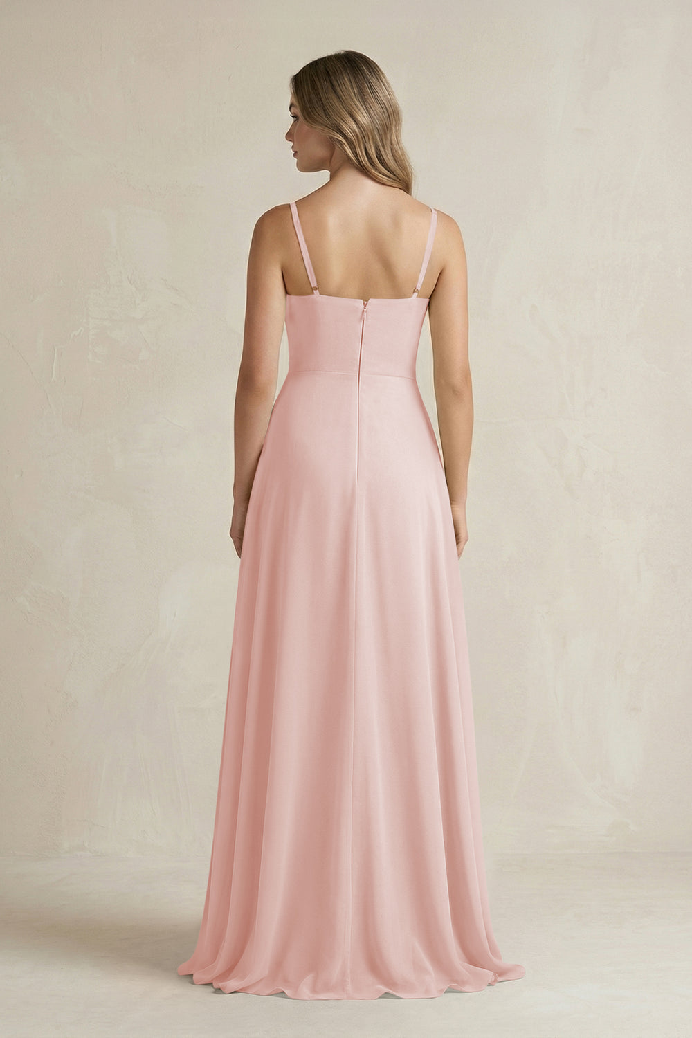 Spaghetti Strap Ruffled A-Line Chiffon Bridesmaid Dress in Rose Petal
