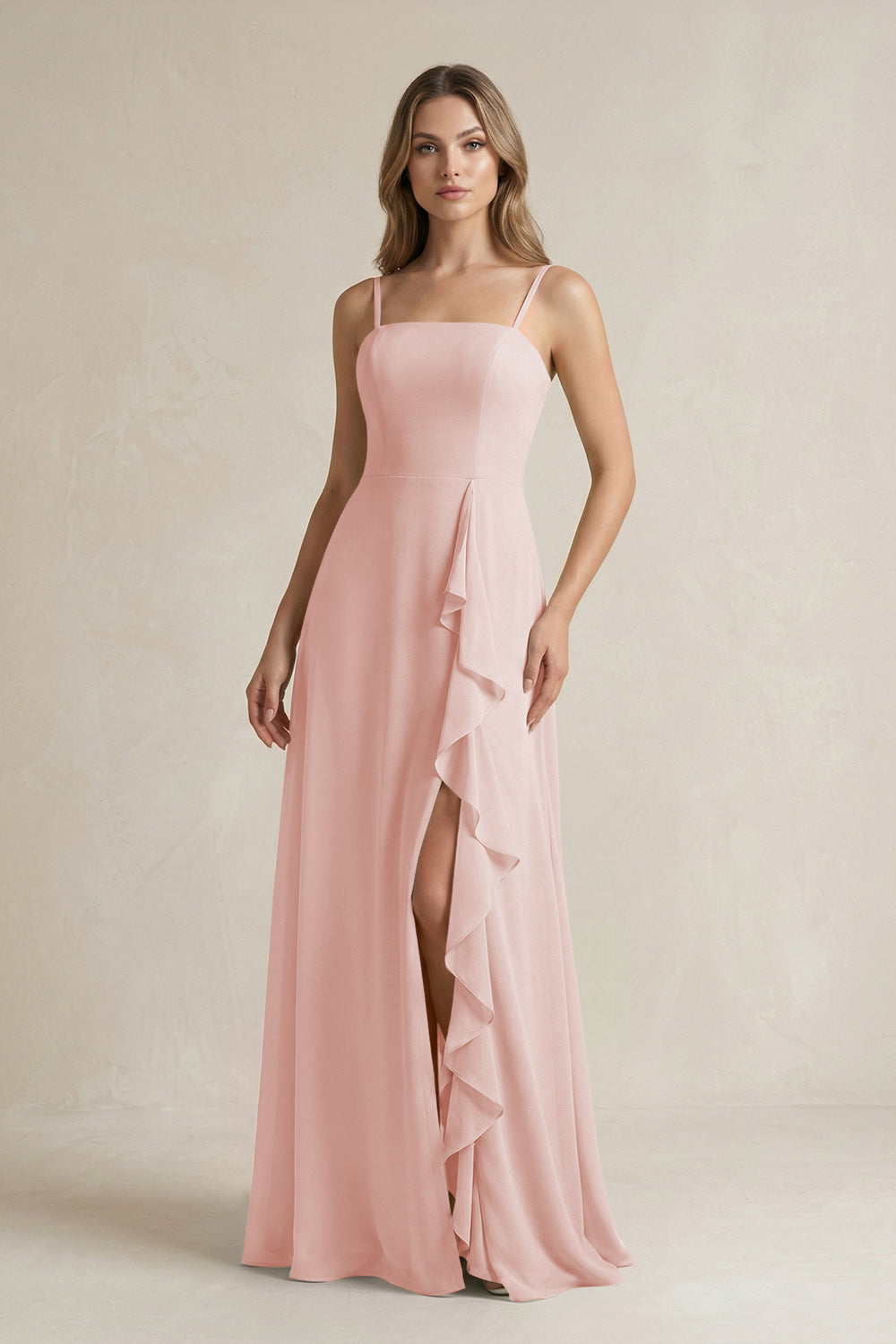Spaghetti Strap Ruffled A-Line Chiffon Bridesmaid Dress in Rose Petal