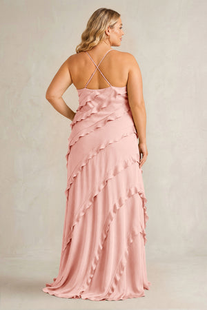 Rose Petal Spaghetti Straps Sheath Stain Ruffled Bridesmaid Dress (2) | KISSBRIDAL[sizeplus]