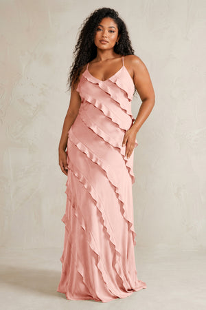 Rose Petal Spaghetti Straps Sheath Stain Ruffled Bridesmaid Dress (3) | KISSBRIDAL[sizeplus]