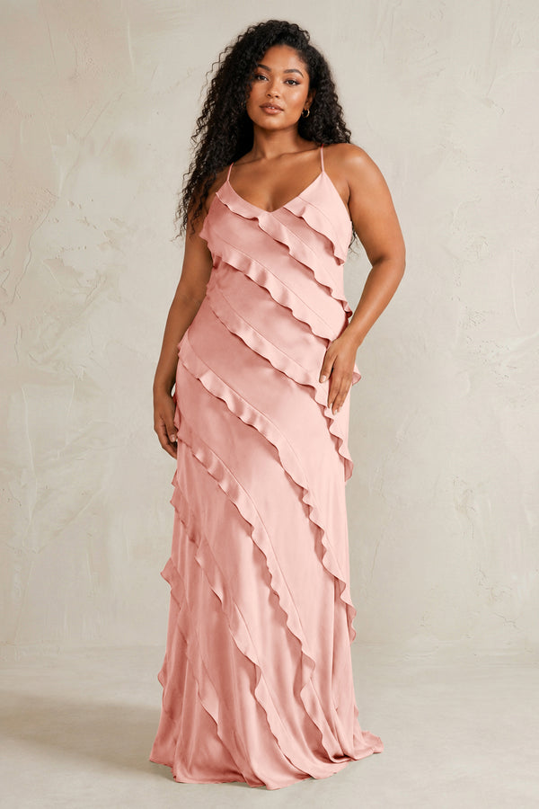 Rose Petal Spaghetti Straps Sheath Stain Ruffled Bridesmaid Dress (3) | KISSBRIDAL[sizeplus]