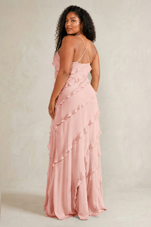 Rose Petal Spaghetti Straps Sheath Stain Ruffled Bridesmaid Dress (4) | KISSBRIDAL[sizeplus]