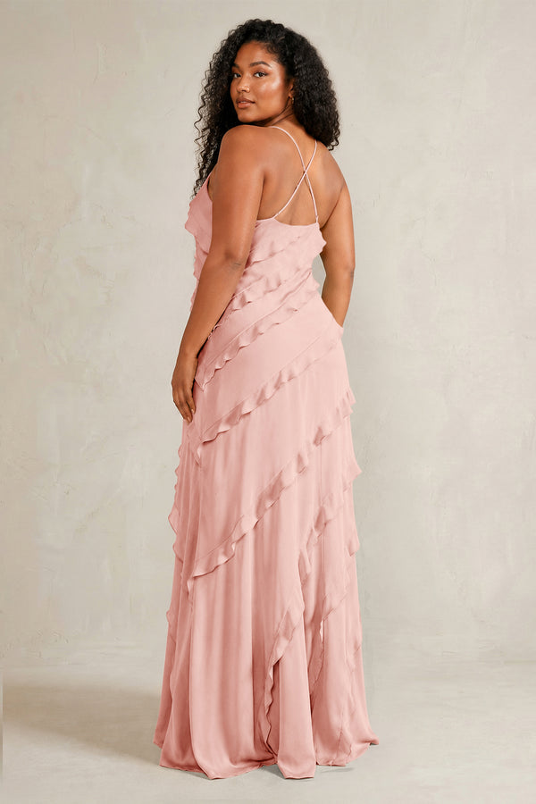 Rose Petal Spaghetti Straps Sheath Stain Ruffled Bridesmaid Dress (4) | KISSBRIDAL[sizeplus]