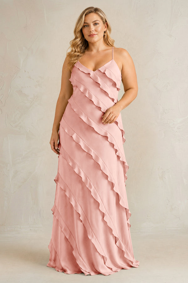 Rose Petal Spaghetti Straps Sheath Stain Ruffled Bridesmaid Dress | KISSBRIDAL[sizeplus]