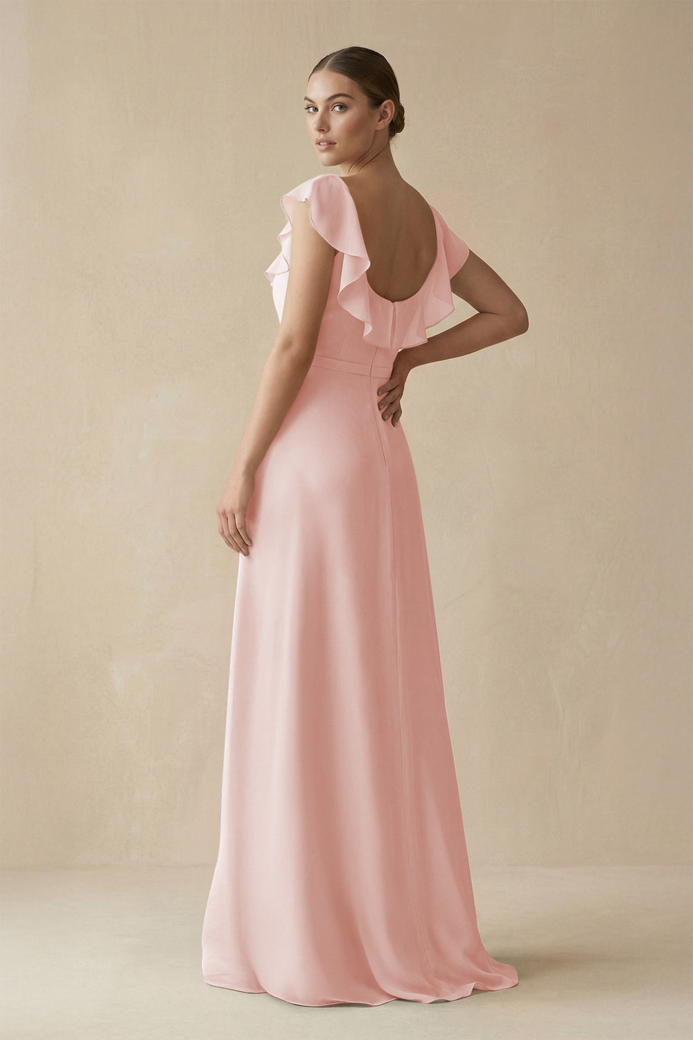 Square Neck A-Line Bridesmaid Dress with Ruffles in Rose Petal