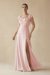Rose Petal Square Neck A-Line Bridesmaid Dress with Ruffles | KISSBRIDAL