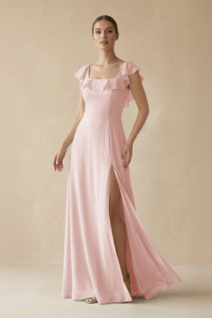 Rose Petal Square Neck A-Line Bridesmaid Dress with Ruffles | KISSBRIDAL