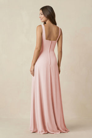 Rose Petal Square Neck A-Line Bridesmaid Dress With Slit (2) | KISSBRIDAL