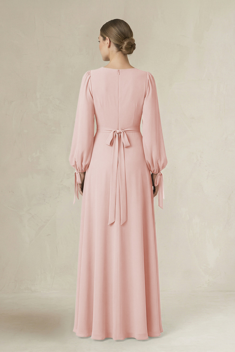 Square Neck Long Sleeve A-Line Chiffon Bridesmaid Dress in Rose Petal
