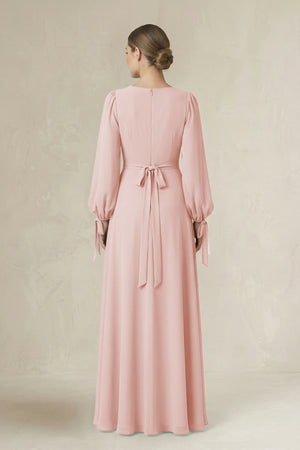 Rose Petal Square Neck Long Sleeve A-Line Chiffon Bridesmaid Dress in Rose Petal (2) | KISSBRIDAL