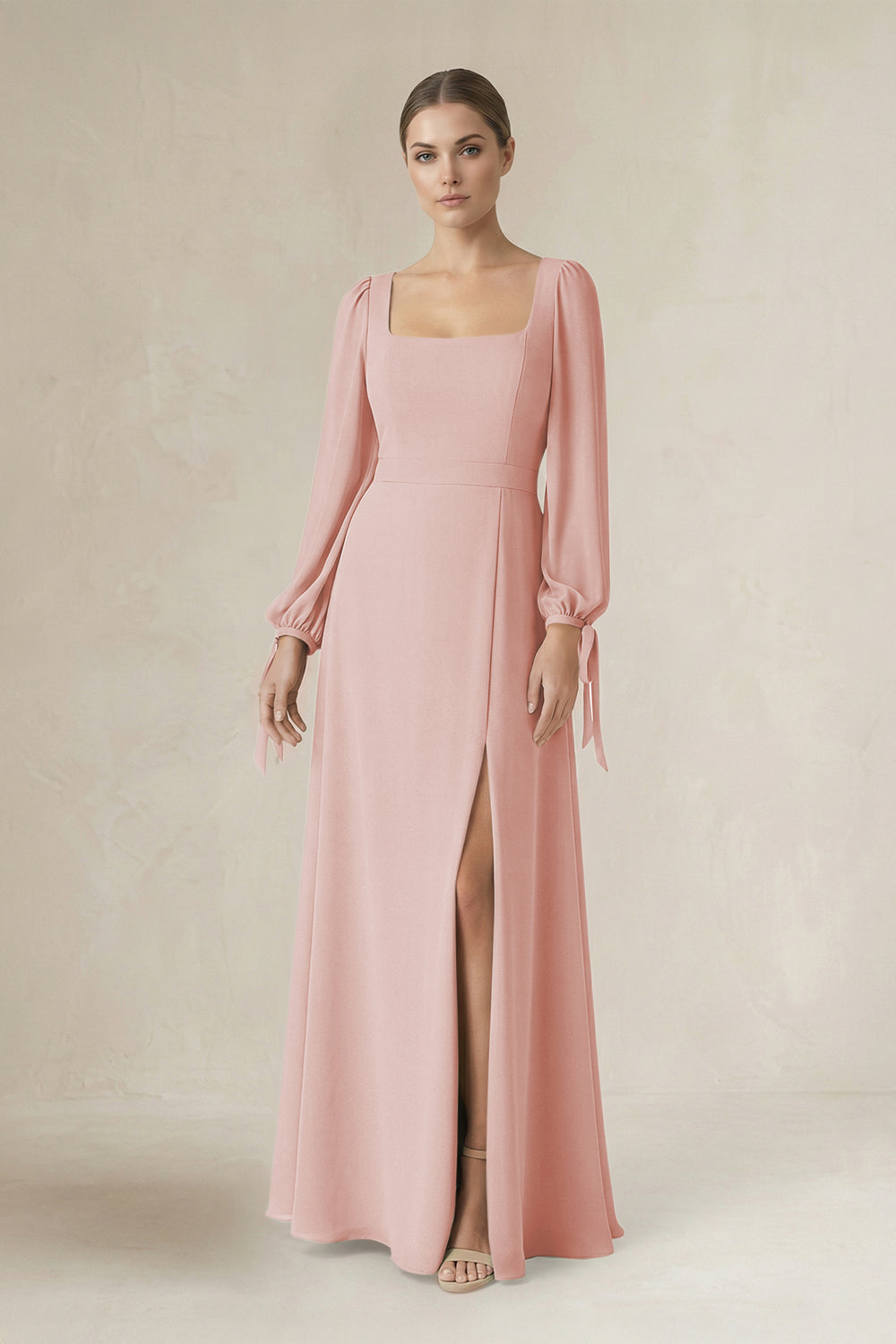 Square Neck Long Sleeve A-Line Chiffon Bridesmaid Dress in Rose Petal
