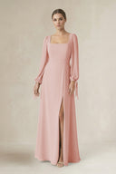 Rose Petal Square Neck Long Sleeve A-Line Chiffon Bridesmaid Dress in Rose Petal | KISSBRIDAL