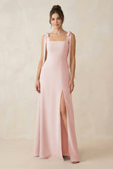 Rose Petal Square Neck Sheath Chiffon Bridesmaid Dress with Bow | KISSBRIDAL
