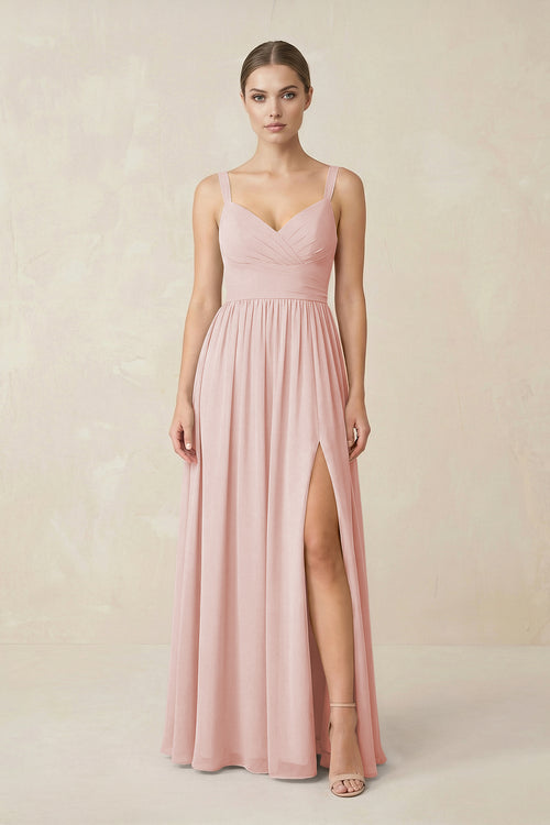 Rose Petal Sweetheart A-Line Chiffon Bridesmaid Dress with Slit in Rose Petal | KISSBRIDAL