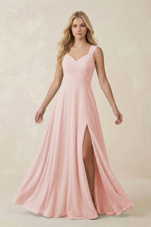Rose Petal Sweetheart A-Line Chiffon Long Bridesmaid Dress | KISSBRIDAL