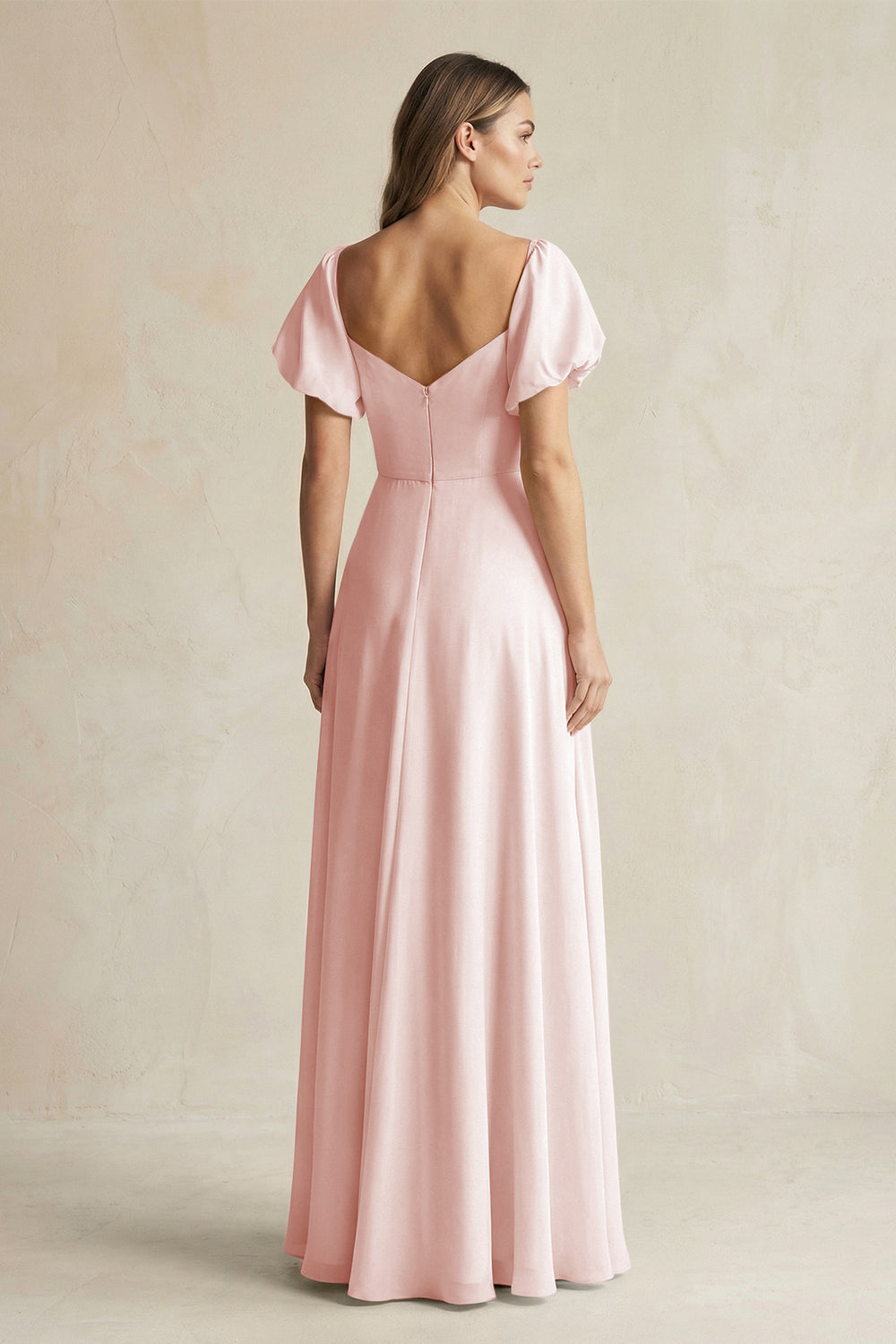 Sweetheart Puff Sleeve A-Line Chiffon Bridesmaid Dress in Rose Petal