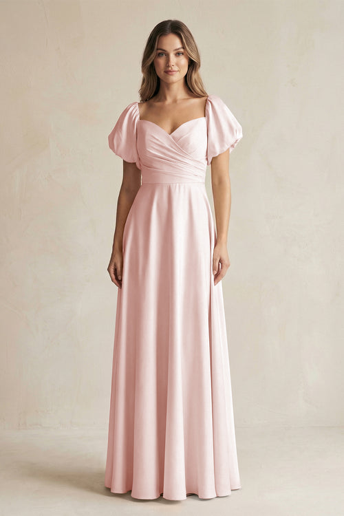 Rose Petal Sweetheart Puff Sleeve A-Line Chiffon Bridesmaid Dress | KISSBRIDAL