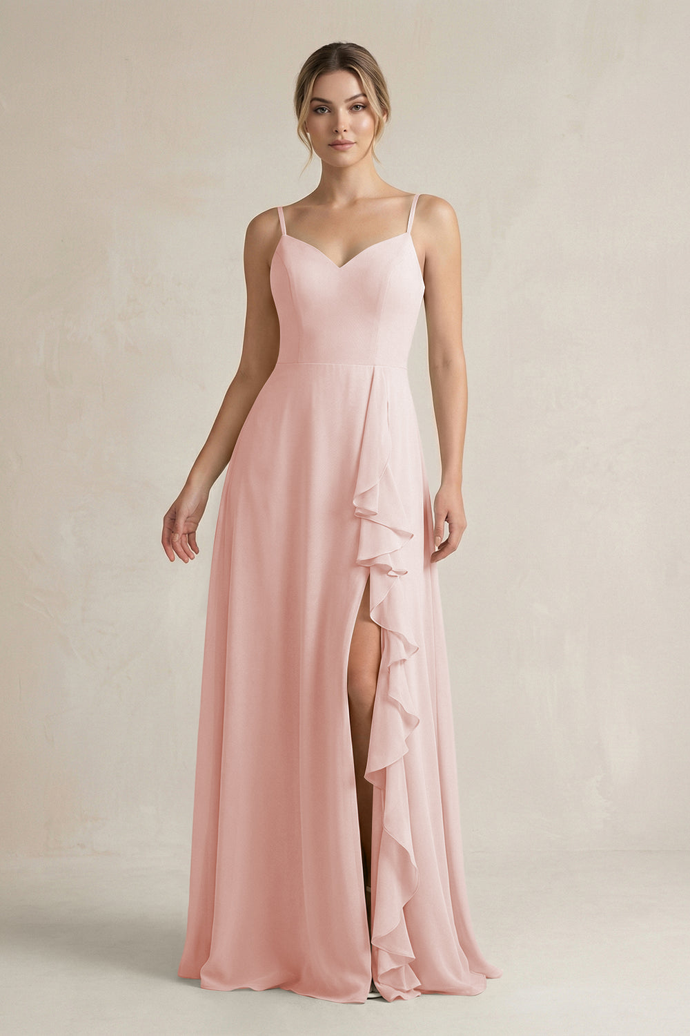 Sweetheart Ruffled A-Line Chiffon Bridesmaid Dress with Slit in Rose Petal