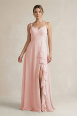Rose Petal Sweetheart Ruffled A-Line Chiffon Bridesmaid Dress with Slit | KISSBRIDAL