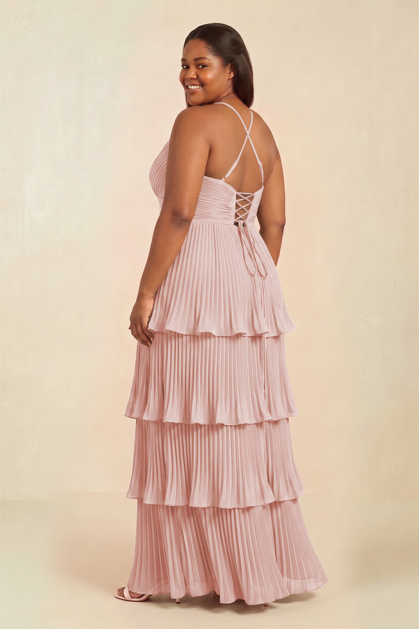 Rose Petal Tiered Pleated V-Neck A-Line Chiffon Bridesmaid Dress (2) [sizeplus] | KISSBRIDAL