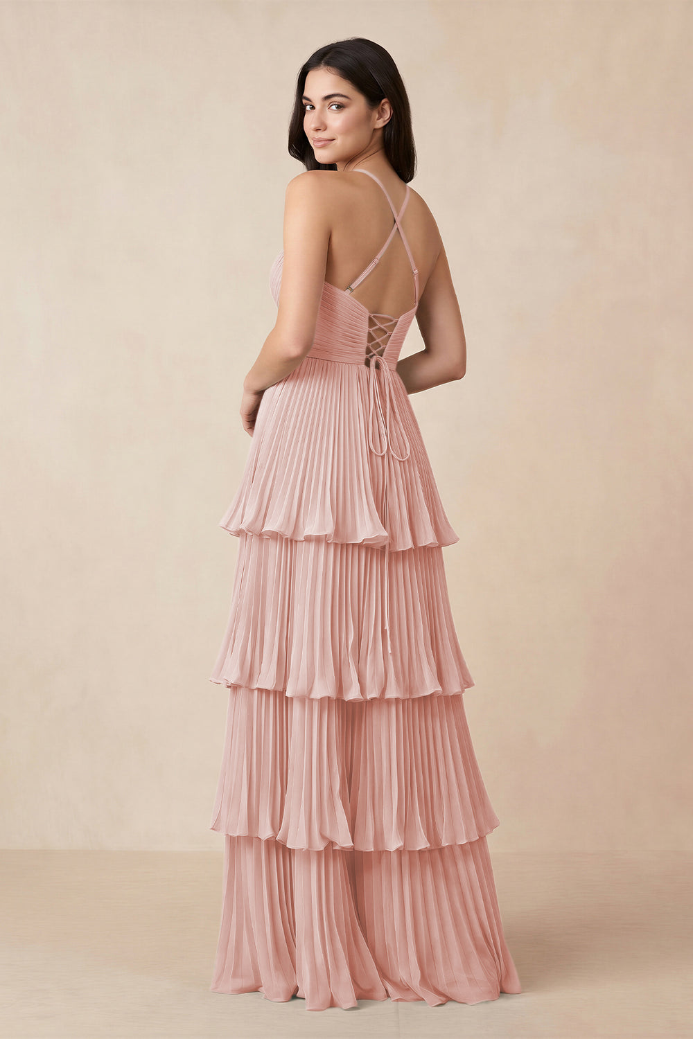 Tiered Pleated V-Neck A-Line Chiffon Bridesmaid Dress in Rose Petal