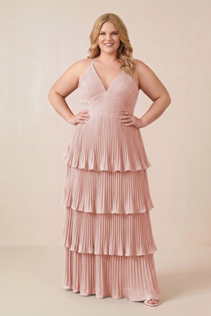 Rose Petal Tiered Pleated V-Neck A-Line Chiffon Bridesmaid Dress (3) [sizeplus] | KISSBRIDAL