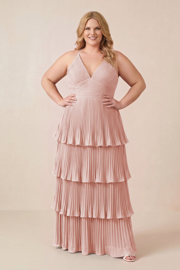 Rose Petal Tiered Pleated V-Neck A-Line Chiffon Bridesmaid Dress (3) [sizeplus] | KISSBRIDAL