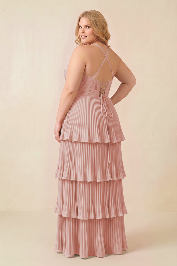 Rose Petal Tiered Pleated V-Neck A-Line Chiffon Bridesmaid Dress (4) [sizeplus] | KISSBRIDAL