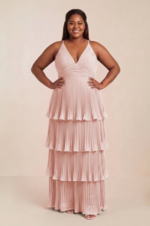 Rose Petal Tiered Pleated V-Neck A-Line Chiffon Bridesmaid Dress [sizeplus] | KISSBRIDAL