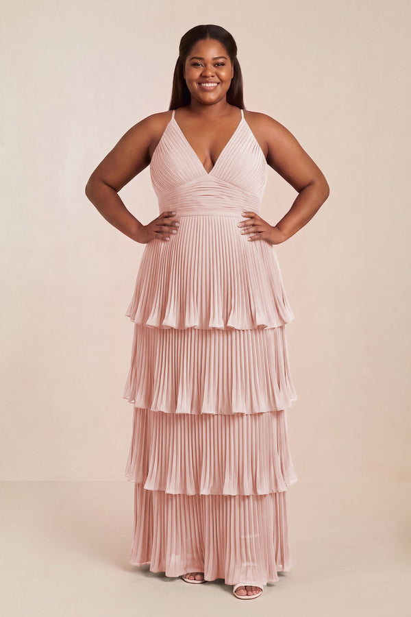 Rose Petal Tiered Pleated V-Neck A-Line Chiffon Bridesmaid Dress [sizeplus] | KISSBRIDAL