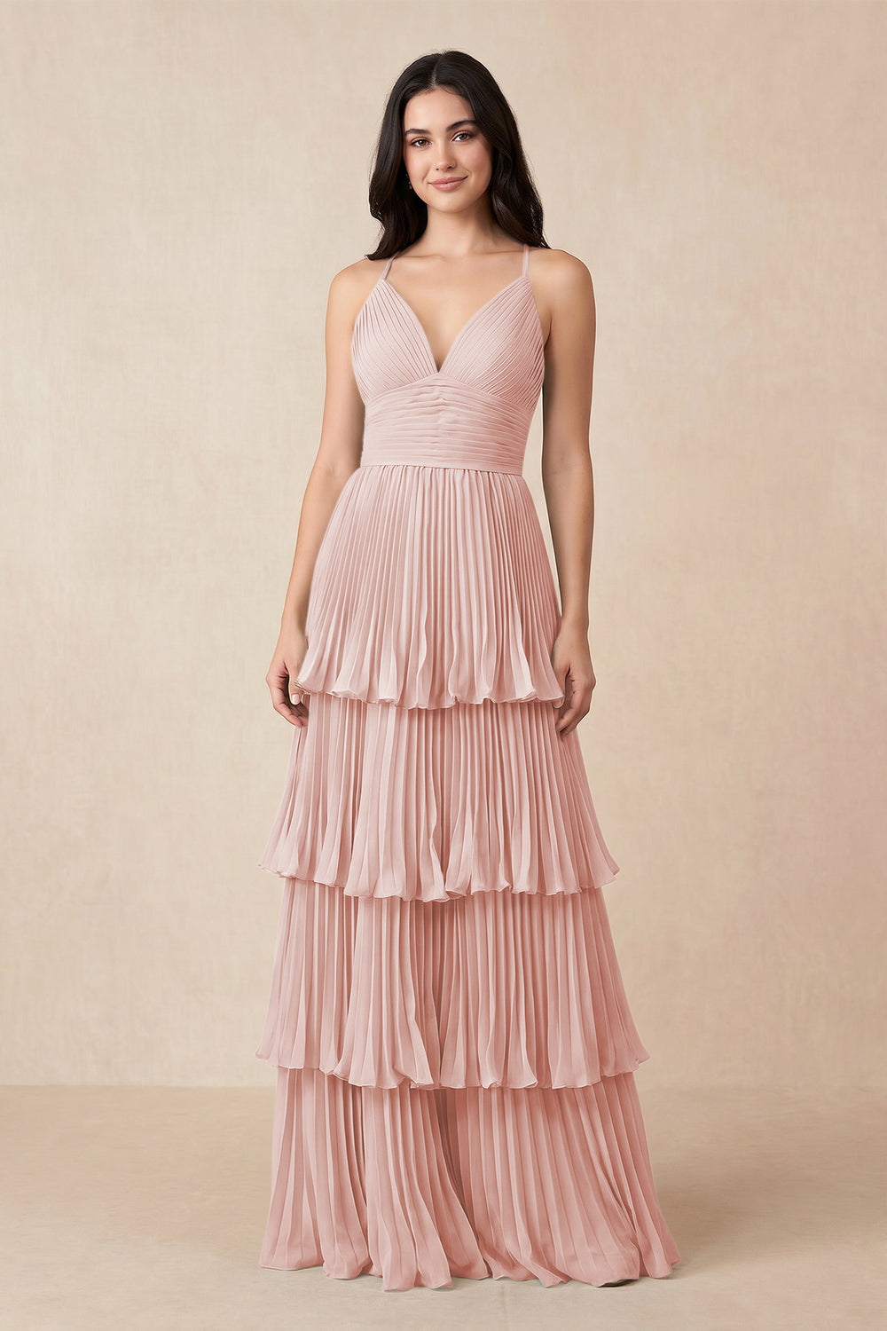 Tiered Pleated V-Neck A-Line Chiffon Bridesmaid Dress in Rose Petal