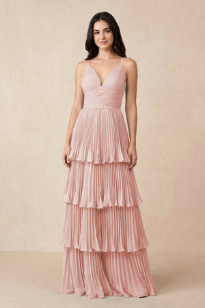 Rose Petal Tiered Pleated V-Neck A-Line Chiffon Bridesmaid Dress | KISSBRIDAL