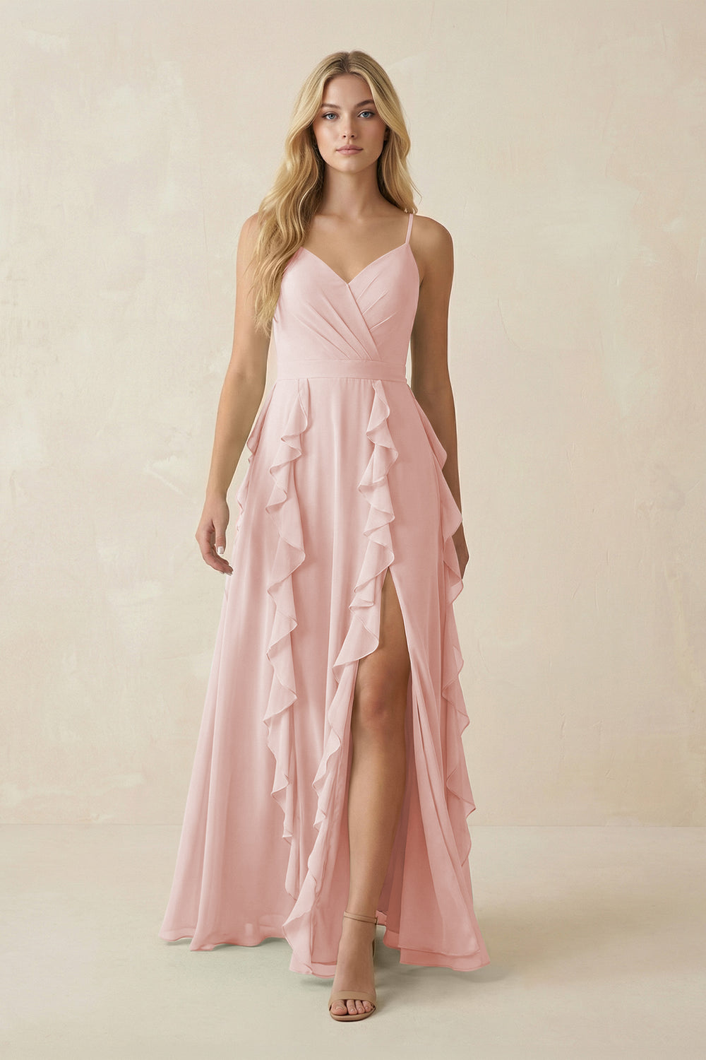 Tiered Ruffle A-Line Chiffon Bridesmaid Dress in Rose Petal