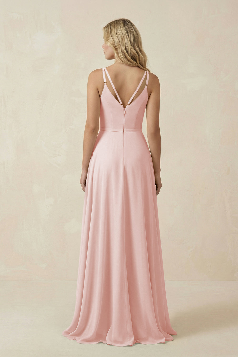 V-Neck A-Line Chiffon Bridesmaid Dress with Crisscross Back in Rose Petal