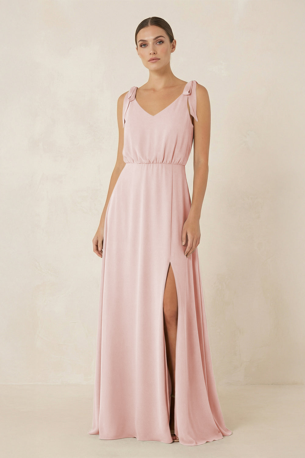 V-Neck A-Line Chiffon Bridesmaid Dress in Rose Petal