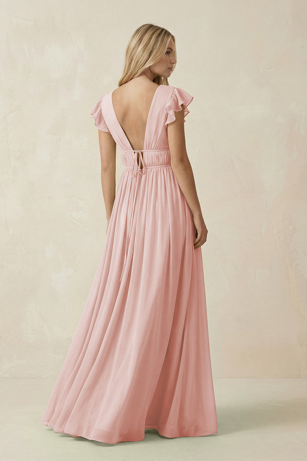 Rose Petal V-Neck A-Line Chiffon Cap Sleeves Bridesmaid Dress (2) | KISSBRIDAL
