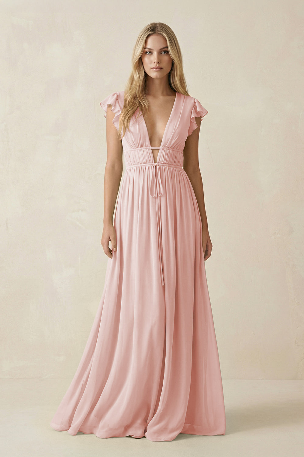 V-Neck A-Line Chiffon Cap Sleeves Bridesmaid Dress in Rose Petal