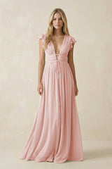 Rose Petal V-Neck A-Line Chiffon Cap Sleeves Bridesmaid Dress | KISSBRIDAL
