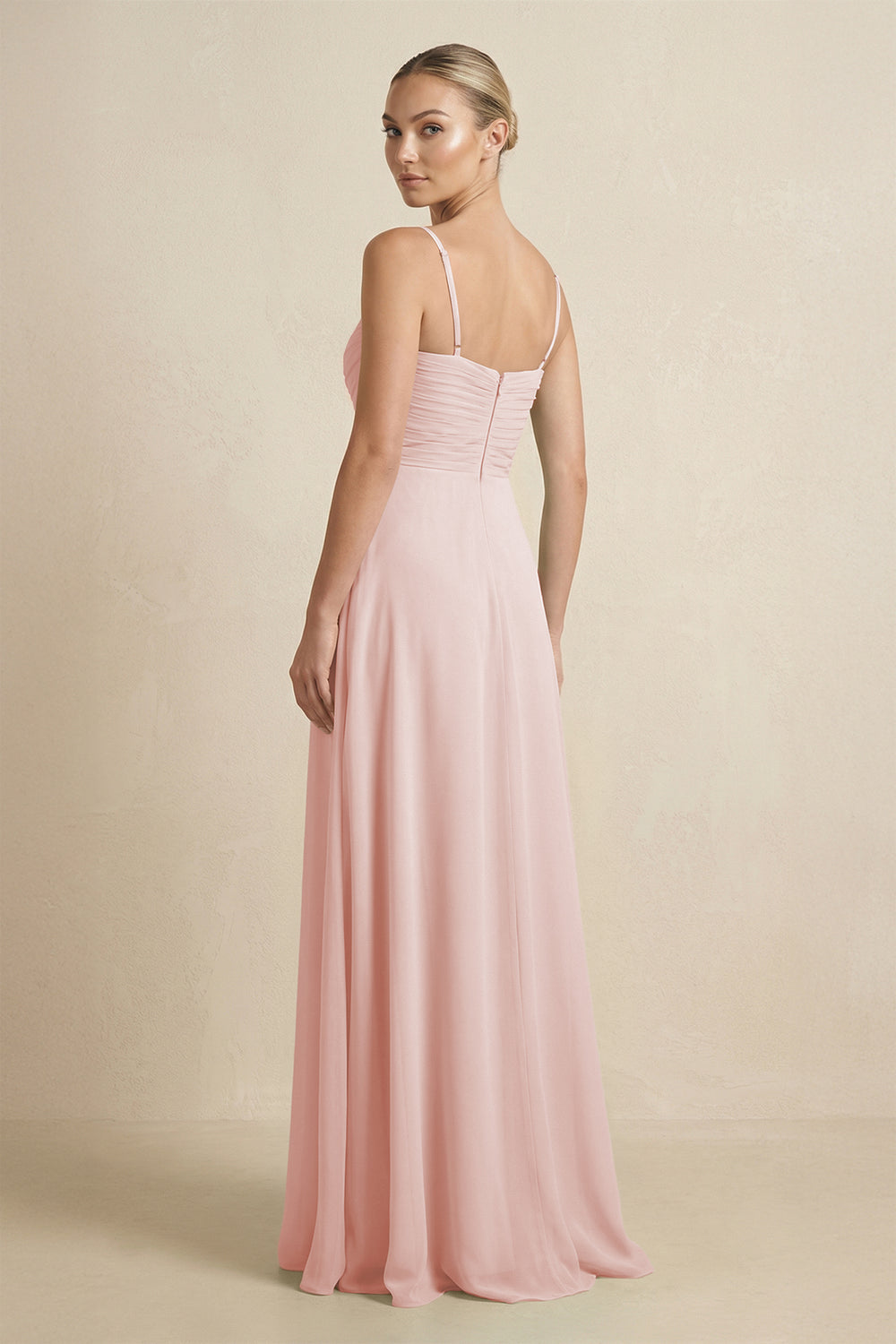 V-Neck A-Line Chiffon Pleated Bridesmaid Dress in Rose Petal