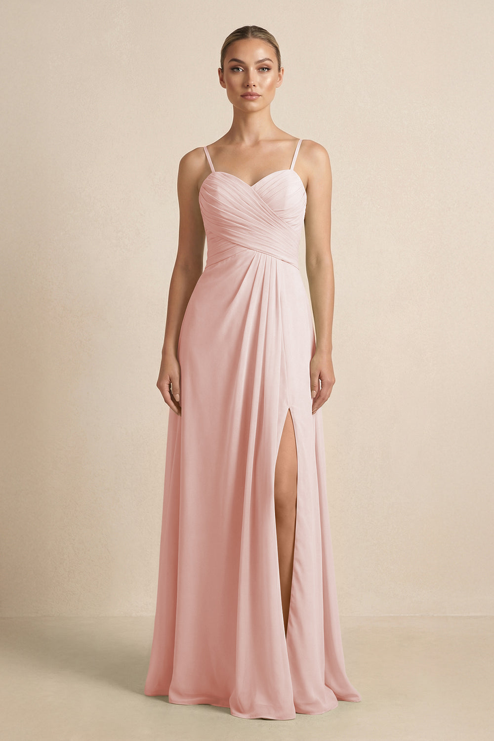 V-Neck A-Line Chiffon Pleated Bridesmaid Dress in Rose Petal
