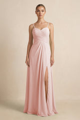 Rose Petal V-Neck A-Line Chiffon Pleated Bridesmaid Dress | KISSBRIDAL