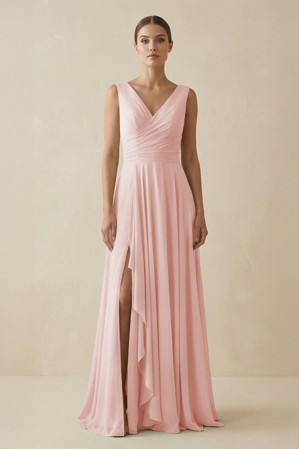 V-Neck A-Line Chiffon Ruffled Bridesmaid Dress in Rose Petal