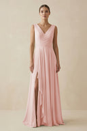 Rose Petal V-Neck A-Line Chiffon Ruffled Bridesmaid Dress | KISSBRIDAL