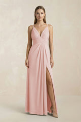 Rose Petal V-Neck A-Line Pleated Chiffon Bridesmaid Dress | KISSBRIDAL