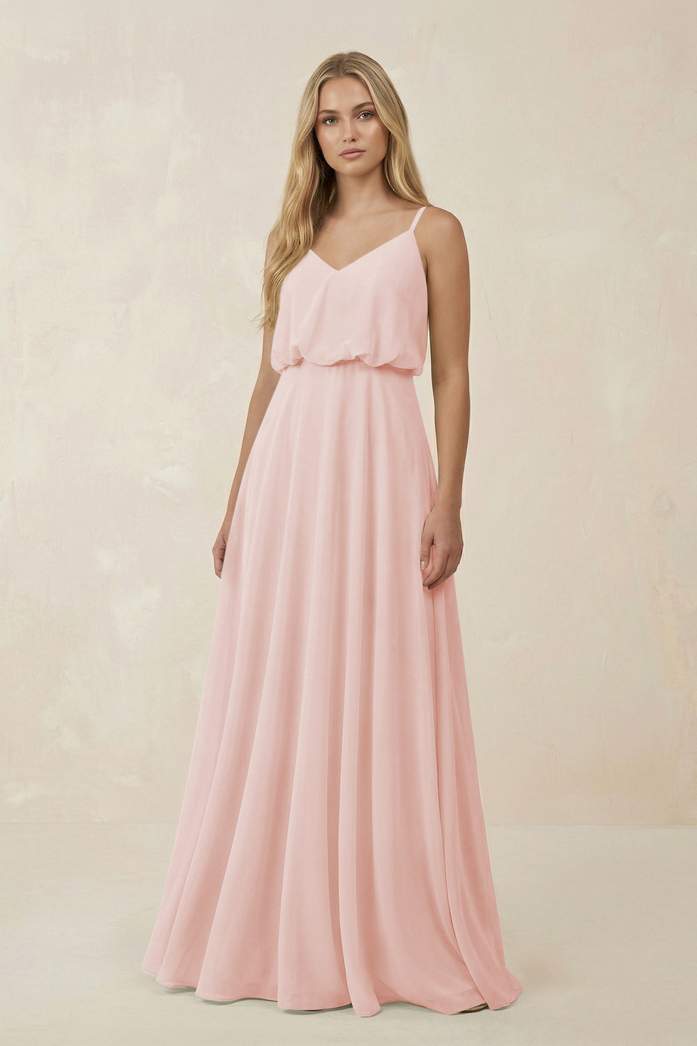 V-Neck Blouson A-Line Chiffon Bridesmaid Dress in Rose Petal