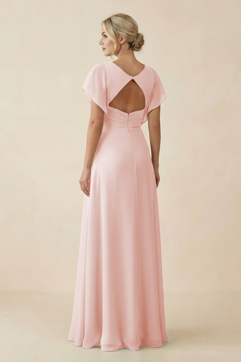 V-Neck Cap Sleeve Chiffon Bridesmaid Dress with Cut-out Back in Rose Petal