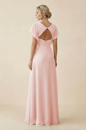 Rose Petal V-Neck Cap Sleeve Chiffon Bridesmaid Dress with Cut-out Back (2) | KISSBRIDAL