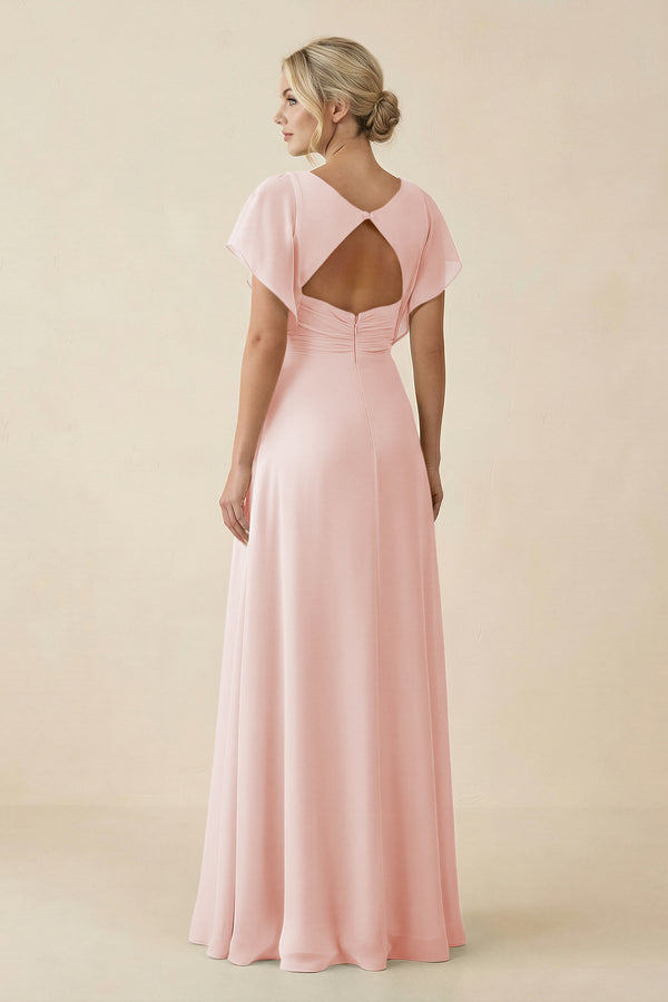 Rose Petal V-Neck Cap Sleeve Chiffon Bridesmaid Dress with Cut-out Back (2) | KISSBRIDAL
