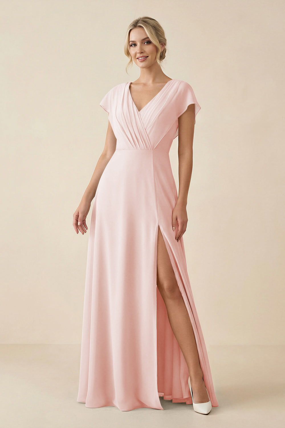 V-Neck Cap Sleeve Chiffon Bridesmaid Dress with Cut-out Back in Rose Petal
